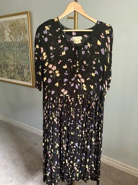 Vintage 90s Floral Midi Dress Tie Back Cottagecore Grunge Sheer M/L